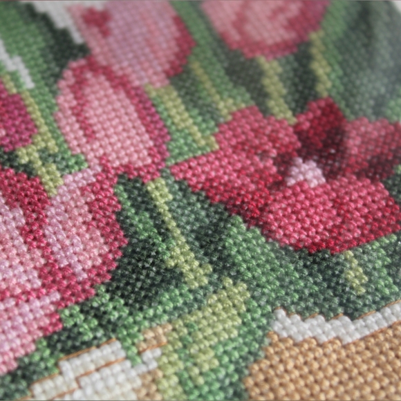 Vintage Spring Floral Cross-Stitch Art in Gold Frame - Picture 6 of 10